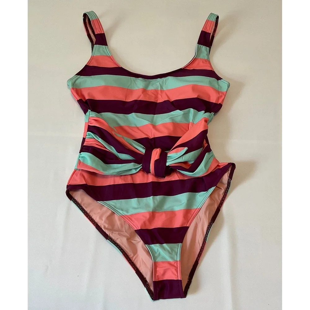Tanya Taylor One Piece Swimsuit Womens M Multicolor Excellent Striped Knot Front